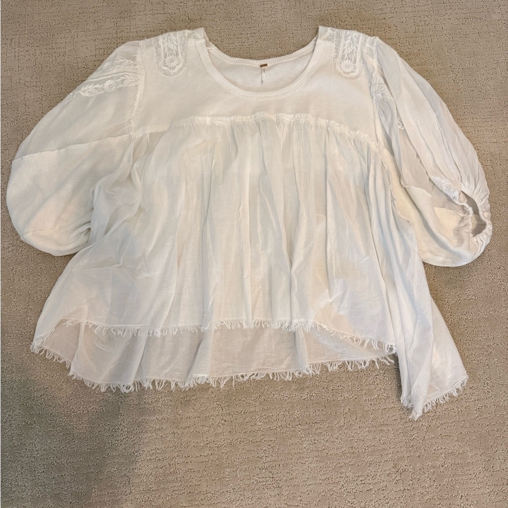 Free People White Blouse with Embroidered Details